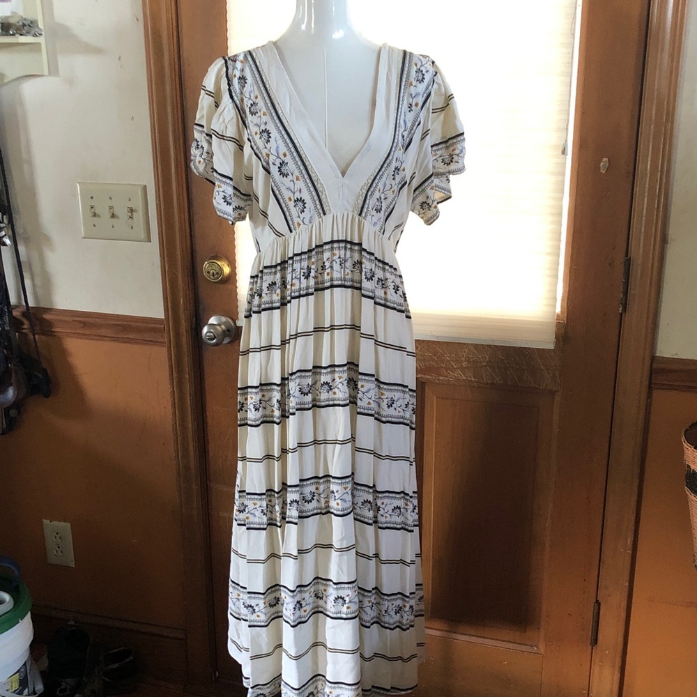 LOFT White and Blue Striped Maxi Dress